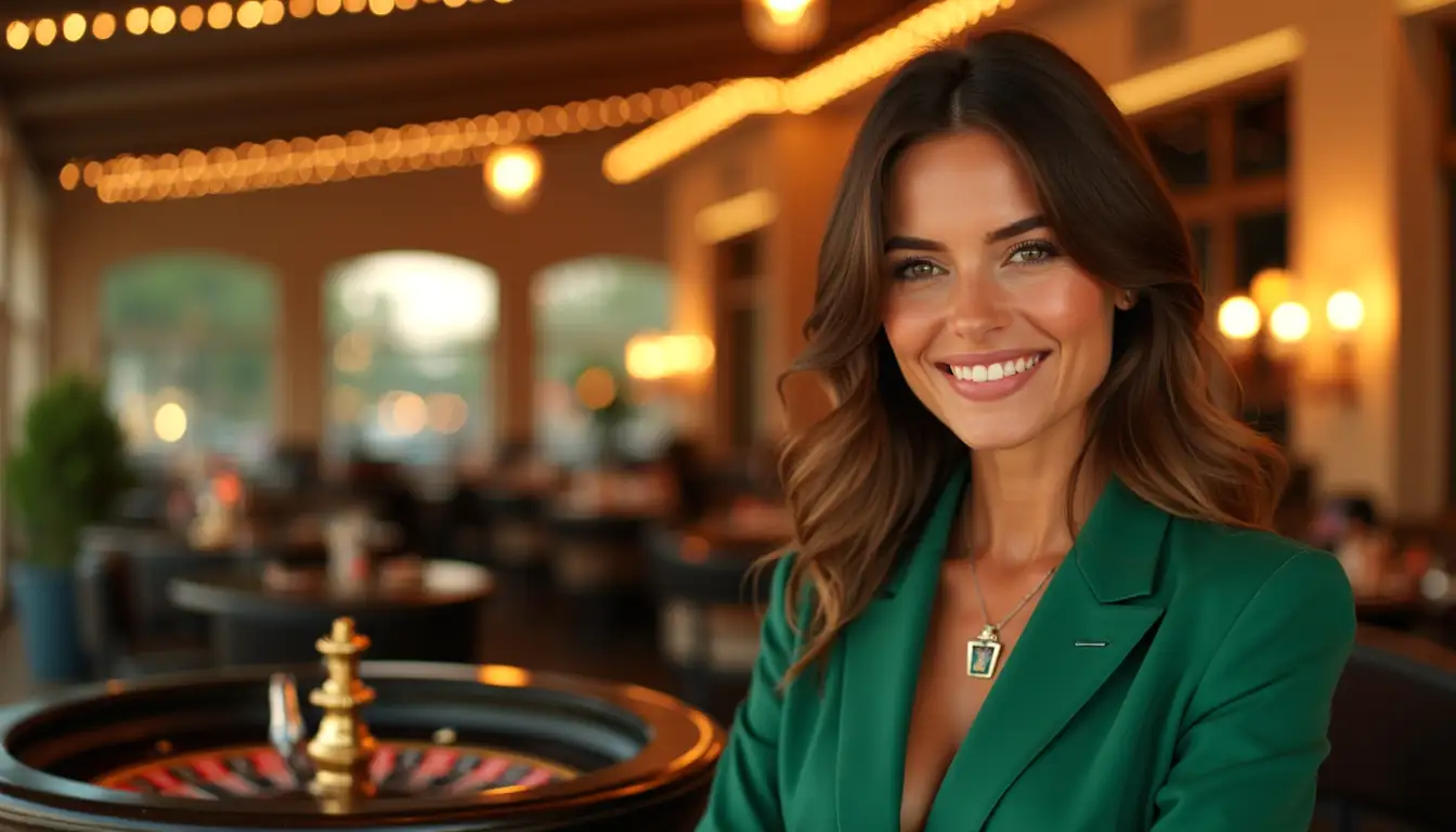 Smiling woman on Adelaide terrace with online casino atmosphere