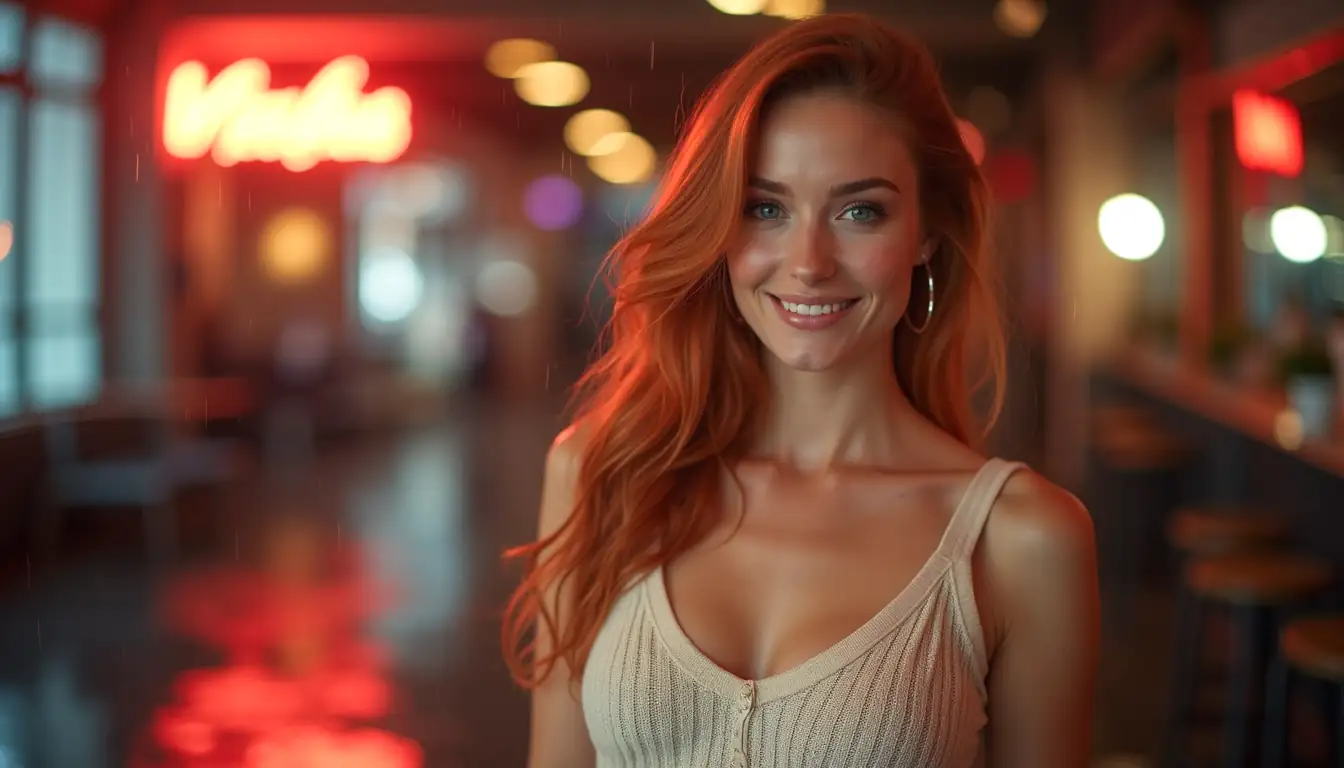 Smiling redhead woman in Melbourne loft with online pokies glow